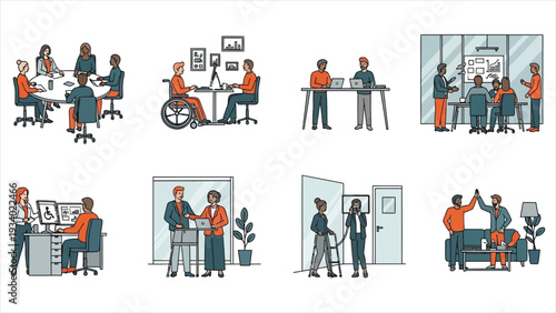 Inclusive Modern Office and Diverse Team Collaboration Illustration Set - Professionals with Disabilities, Remote Work, and Accessible Workplace Vector Scenes