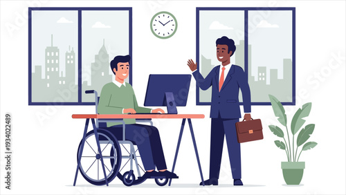 nclusive Modern Office Environment - Diverse Professional Team with Wheelchair User and Colleague Collaboration Vector Illustration