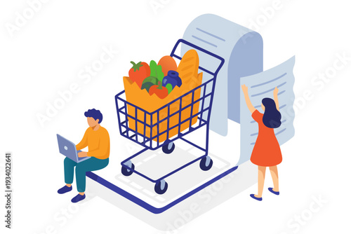 People shopping for groceries online with a cart and laptop.