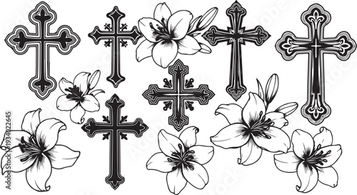 Crosses and flowers in black and white illustration art