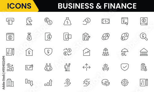Business and Finance line icons collection. Big UI icon set in a flat design. Thin outline icons pack. Vector illustration