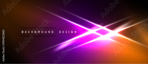 Abstract vibrant background. Orange, purple hues blend with bright light flares creating dynamic visual effect. Modern design element.