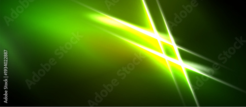 Abstract green background features bright lines intersecting. Vivid glow creates dynamic visual effect, modern design element.