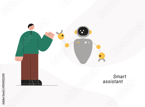 Smart assistant with man and robot AI voice assistant showing digital helper communication. Flat design vector illustration for AI assistant, voice technology and smart device concepts.