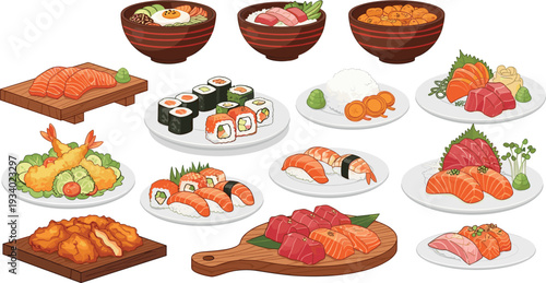 Japanese Sushi and Sashimi Set with Salmon Tuna Nigiri Rolls Tempura and Rice Bowls Traditional Asian Cuisine Collection Isolated Vector Illustration