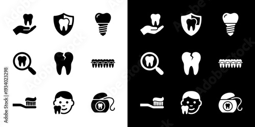 Minimalist Black and White Dental Care and Hygiene Icon Set Collection