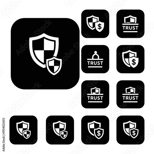 Collection of Shield and Trust Icons Representing Security, Finance, and Assurance.