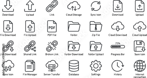 Create a realistic Line icon set of download and upload elements. Includes arrow, file, folder, link, cloud storage, and web UI symbols. Perfect for apps, websites, and interface designs. vector art .