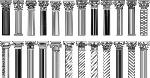 Classical Ancient Greek and Roman Columns Set with Ionic Doric Corinthian Capitals Architectural Engraving Style Isolated Black and White Vector Collection