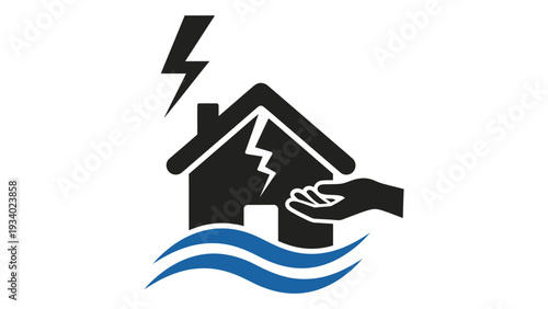 A hand supporting a house in a flood with a lightning bolt isolated on white background, Vector