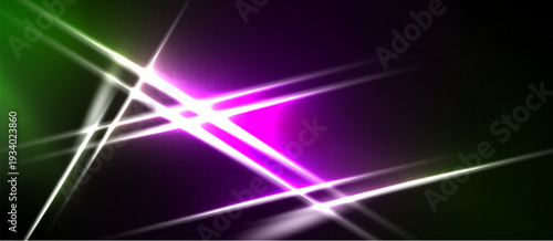 Abstract light streaks intersect, creating vibrant purple, green glow. Dramatic energy radiates from central point. Modern design element.