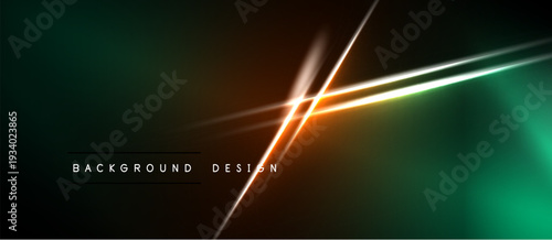 Abstract neon lines intersect dark background. Gradient teal, orange hues create dynamic visual effect. Modern design element.