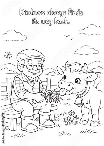 coloring book grandpa offering treats on a bench, kindness finds its way back gently