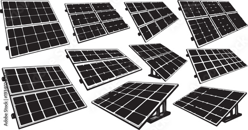 Solar panels in various angles on white background illustration