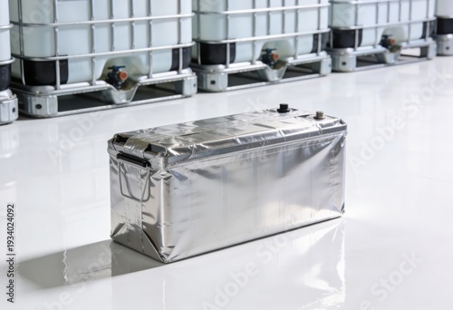 Industrial metal battery container showcased against a minimalist backdrop featuring reflective surfaces and squared storage tanks evoking efficiency and modern manufacturing dynamics