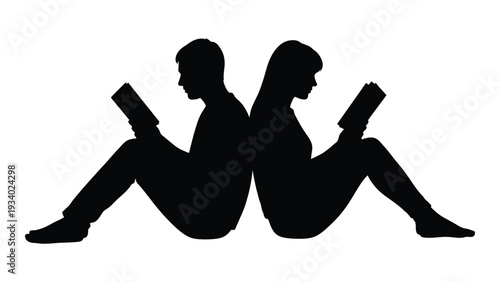 A man and woman sit back to back reading books isolated on white background, Vector