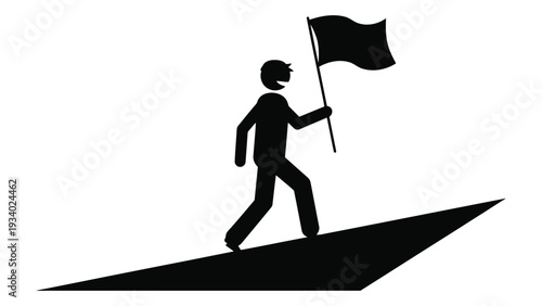 A man walking up a slope holding a flag isolated on white background, Vector