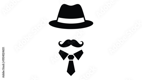 A black and white image of a hat and facial accessories isolated on white background, Vector