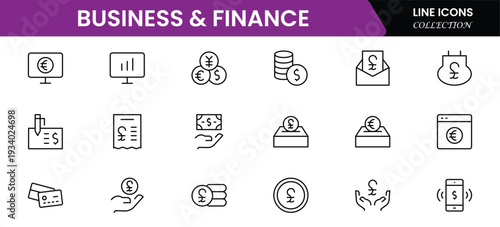 Business and Finance line icons collection. Big UI icon set in a flat design. Thin outline icons pack. Vector illustration