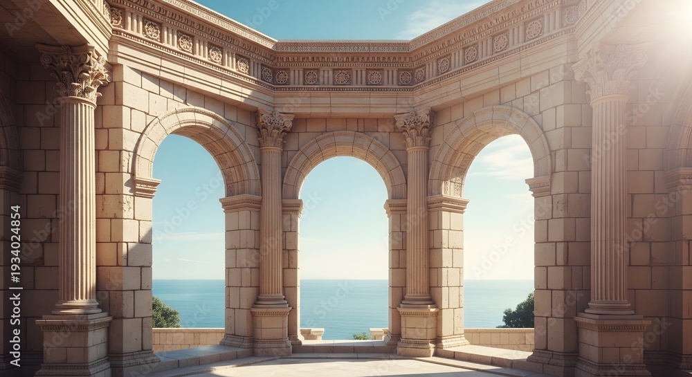 Obraz premium Ancient stone archway overlooking serene ocean view