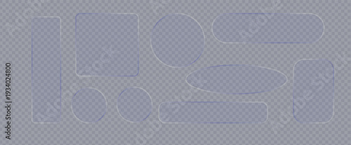 Set of transparent glassmorphism shapes and elements for modern UI design and web interfaces.
