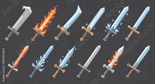 Pixel art fantasy swords and magic blades collection for RPG game inventory