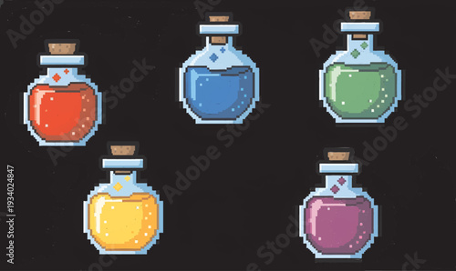 Pixel art magic potions and elixir glass bottles set for game interface