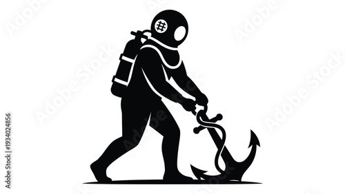 A scuba diver pulls an anchor isolated on white background, Vector