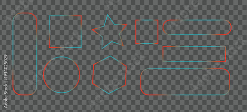 A collection of minimalist geometric shapes featuring a modern glitch effect, outlined in contrasting red and blue lines against a transparent background.