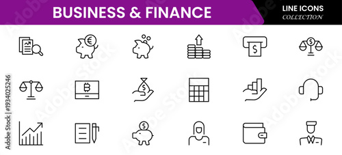 Business and Finance line icons collection. Big UI icon set in a flat design. Thin outline icons pack. Vector illustration