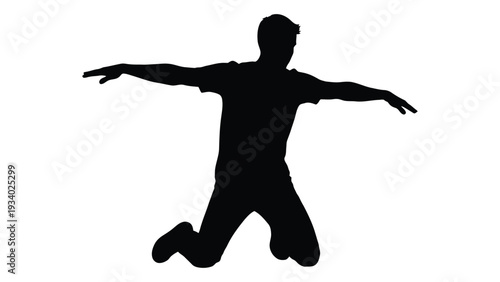 A man in a dynamic jumping pose with arms outstretched isolated on white background, Vector