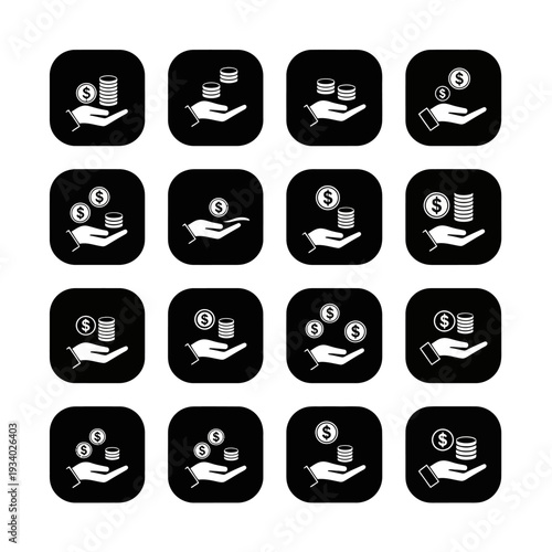 A collection of sixteen black and white icons depicting hands receiving coins, symbolizing financial transactions and wealth.