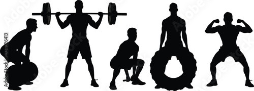 Fitness men silhouette collection, weightlifting squat tire workout bodybuilding training black vector illustration isolated on ouette collection, weightlifting squat tire work