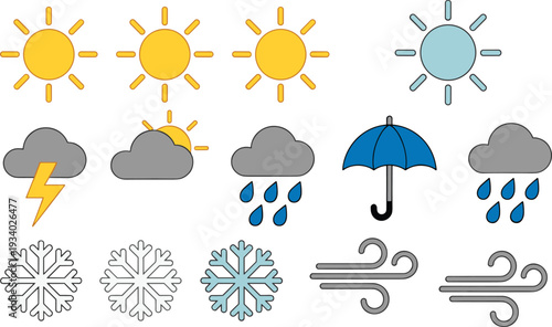 Flat weather forecast icons set, sun cloud rain snow wind storm umbrella seasonal climate vector illustration collection