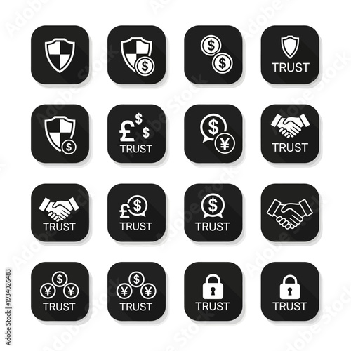 A collection of 16 black square icons with rounded corners, each featuring a white symbol and the word "TRUST" below, representing financial security, currency exchange, and partnerships.