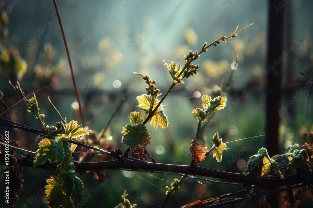 Fototapeta premium Vine new growth budding in spring vineyard morning light