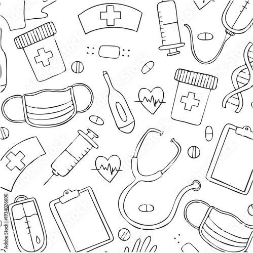 Seamless medical doodle pattern background.