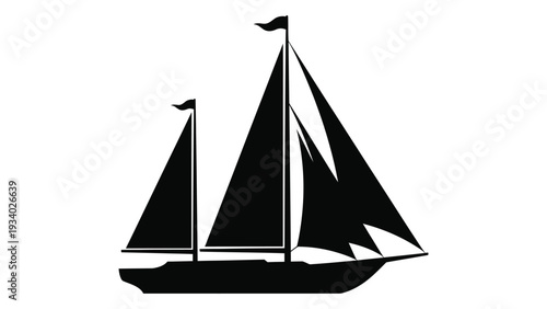 A black silhouette of a sailboat on the water isolated on white background, Vector