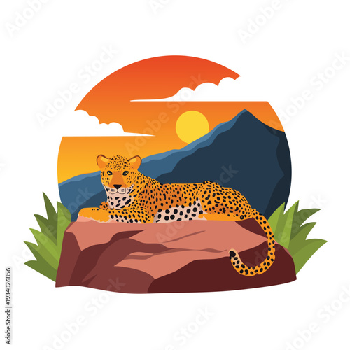 Leopard resting on a rock with sunset illustration