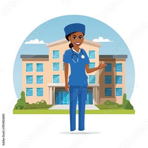 Medical professional standing in front of hospital building