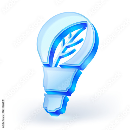 3D translucent blue glass light bulb icon featuring a leaf inside. Symbolizes renewable energy, sustainable innovation, eco-friendly ideas and environmental conservation isolated on white background.
