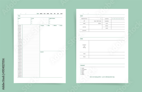 Daily Planner Template. Two page planner printable with hourly schedule, to-do list, habit and water trackers, meal log, journal, mood and gratitude sections for wellness and productivity
