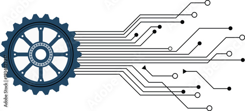 Gear connected to futuristic circuit board lines and nodes, representing technology and innovation, flat design vector illustration