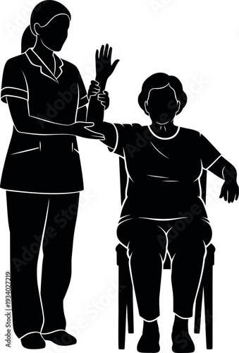 CNA Caregiver Assisting Elderly Patient with Shoulder Range of Motion Exercises; Passive ROM Physiotherapy Silhouette.
