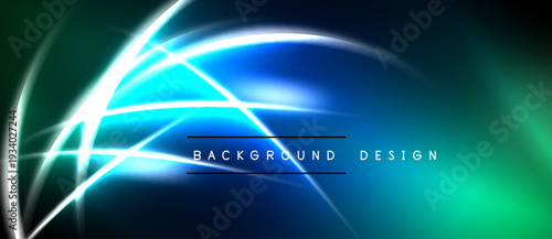 Abstract neon lines create dynamic blue, green glow. Dark background emphasizes bright curves, shapes. Modern design element.
