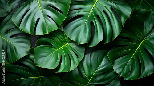 Large monstera leaves overlapping, deep green botanical background texture