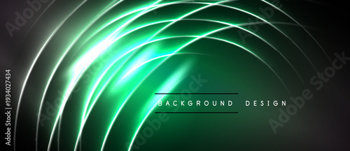 Abstract neon lines create dynamic green glow. Dark background emphasizes vibrant curves, modern design element.