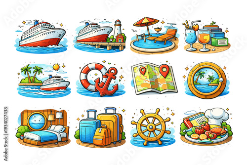 Vibrant cruise vacation icons featuring ships, poolside relaxation, travel map, and ocean views.