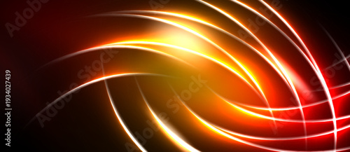 Abstract design features vibrant orange, red lines. Bright central glow creates dynamic energy, flowing curves. Dark background emphasizes luminosity.