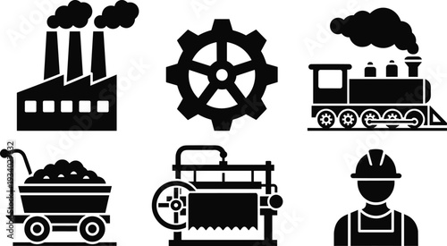 Industrial manufacturing icons set, factory building, gear wheel, steam locomotive, mining cart, worker helmet vector illustration